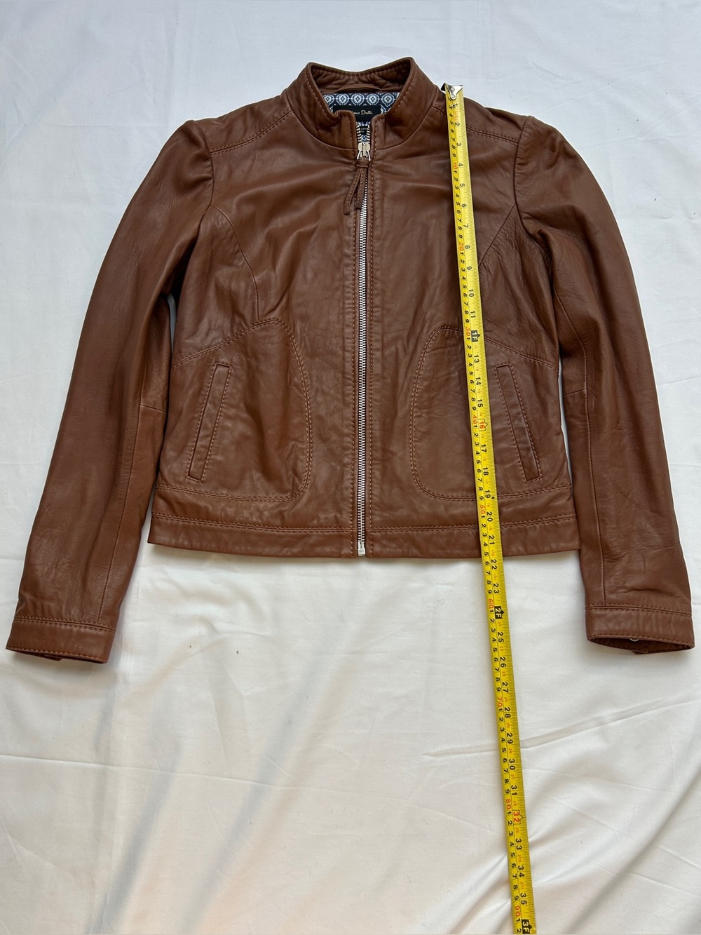 Massimo Dutti Brown Leather Jacket with Blue-White Striped Lining